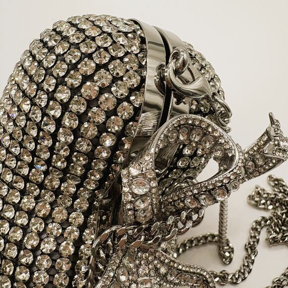 Self Portrait Silver Crystal Bow Heart Evening Bag & Chain Strap - Picture 7 of 12